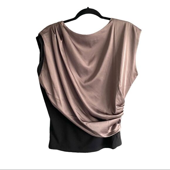 KATHERINE BARCLAY Silk Sleeveless Draped Asymmetrical Blouse Taupe Black M - Picture 2 of 4